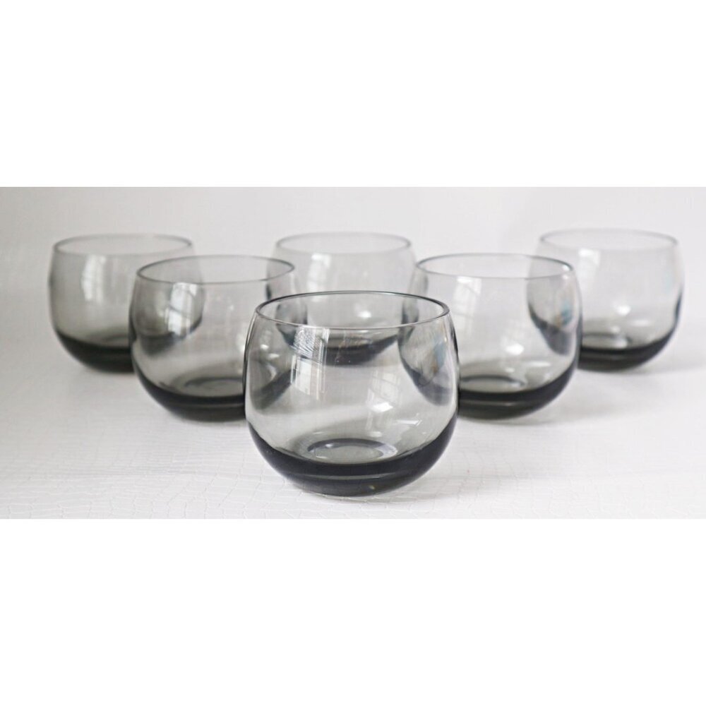 6 Vintage Libbey Selene Glasses Smokey Grey Glass Roly Poly Lowball Wine Tumbler